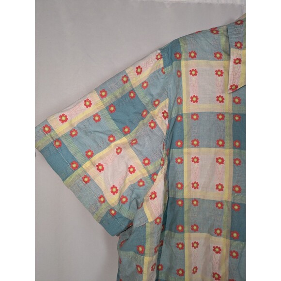 Liz & Me Button Down 4X Women's Plaid Floral Embroidered Short Sleeve Blouse - Picture 2 of 5